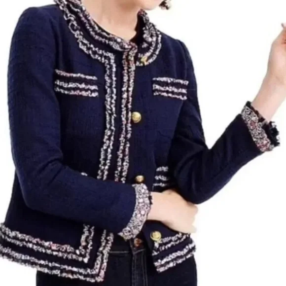 J. Crew Lady Jacket Navy Tweed Liberty London Floral Ruffle
Size 10 petite - Picture 12 of 12